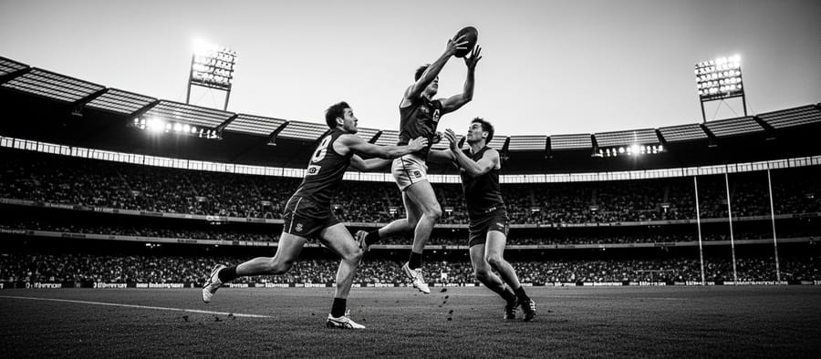 AFL players contesting a mark in a packed stadium