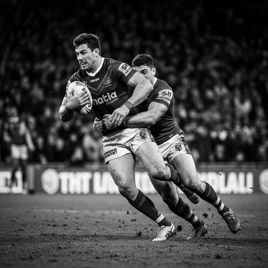 Rugby league players in a tackle under stadium lights