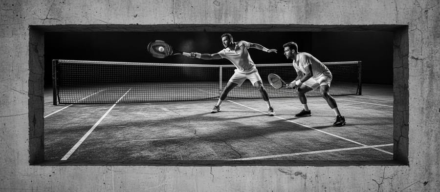 Tennis player mid-serve, low angle on a hard court