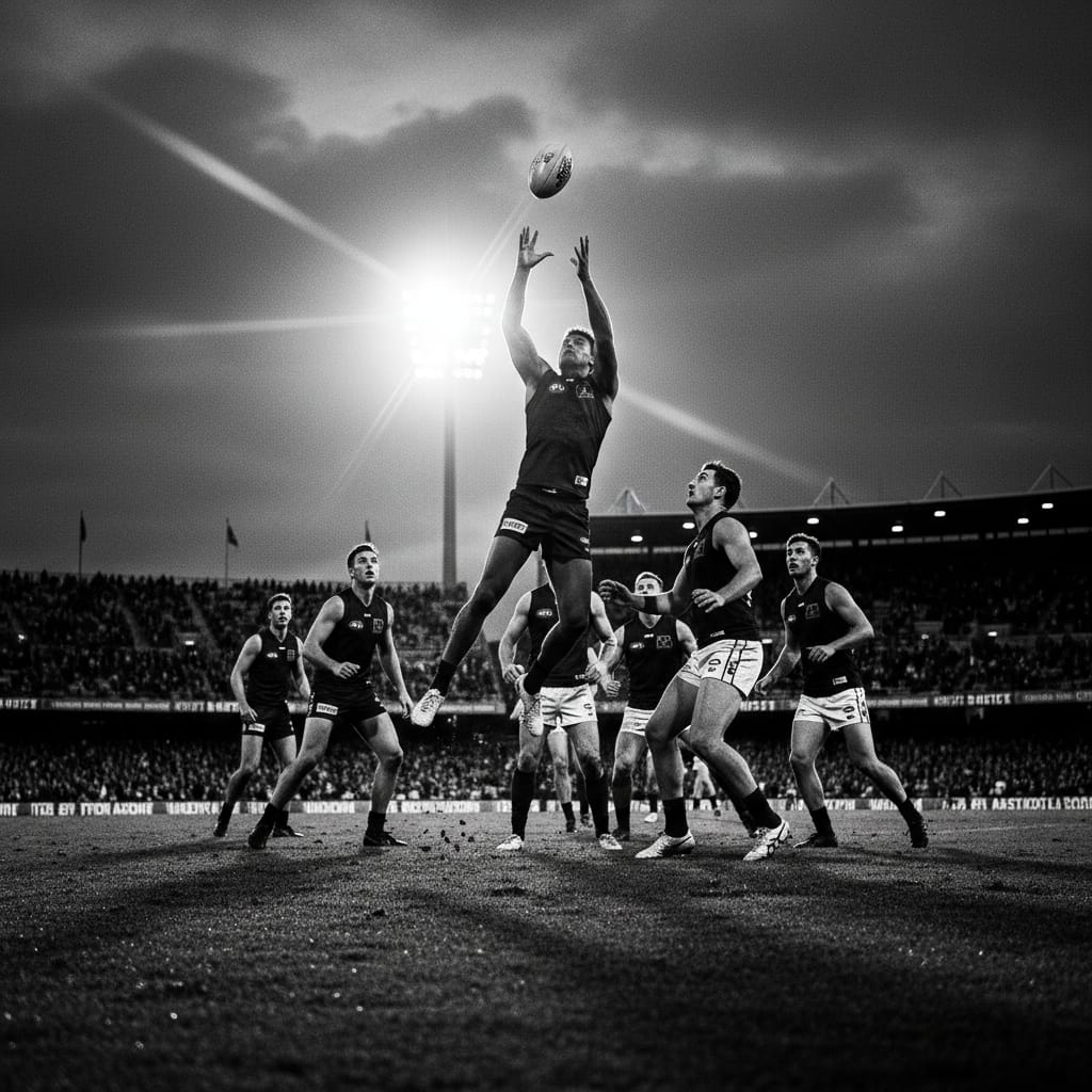 AFL player taking a high mark in front of a packed stadium