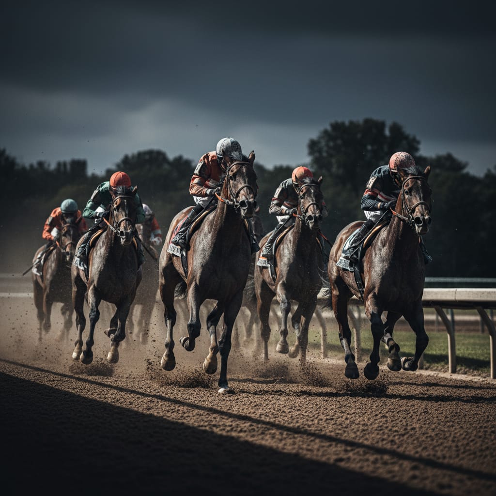 Jockeys and horses in full flight on a dark race day