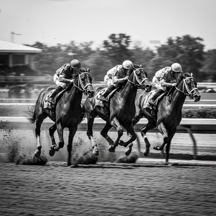 Thoroughbreds and jockeys racing along the rail