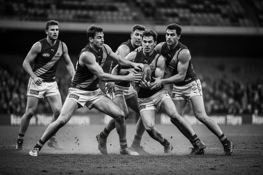 AFL players in a dusty contest under dramatic light